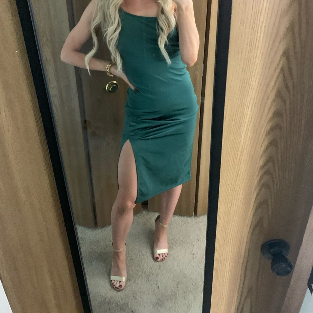 Green one shoulder satin dress